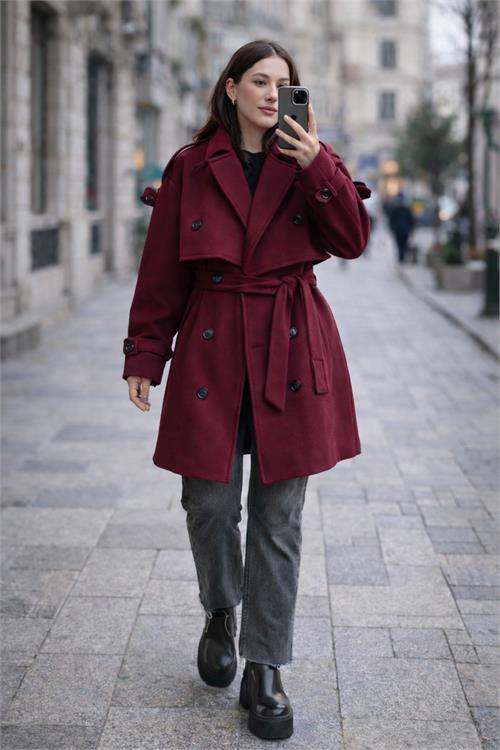 Kadın Kuşaklı Astarlı Oversize Kısa Kaban Cepli Apolet Detaylı HSZ039 