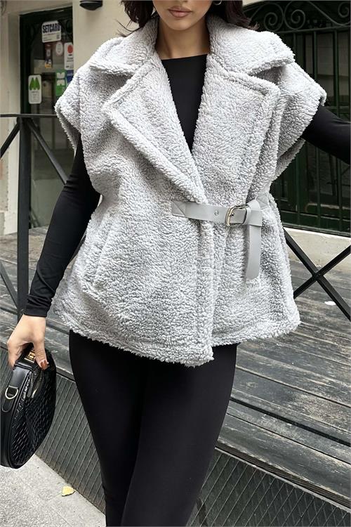 Kadın Gri Oversize Kemerli Peluş Yelek HSZ032 
