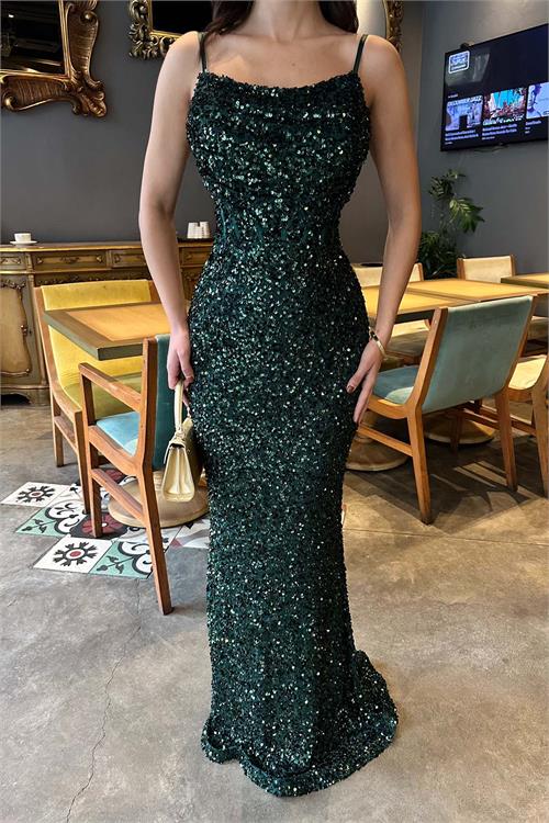 Kadın Zumrut Yesil Askılı Pul Payet Uzun Abiye Elbise Astarlı HSZ045 