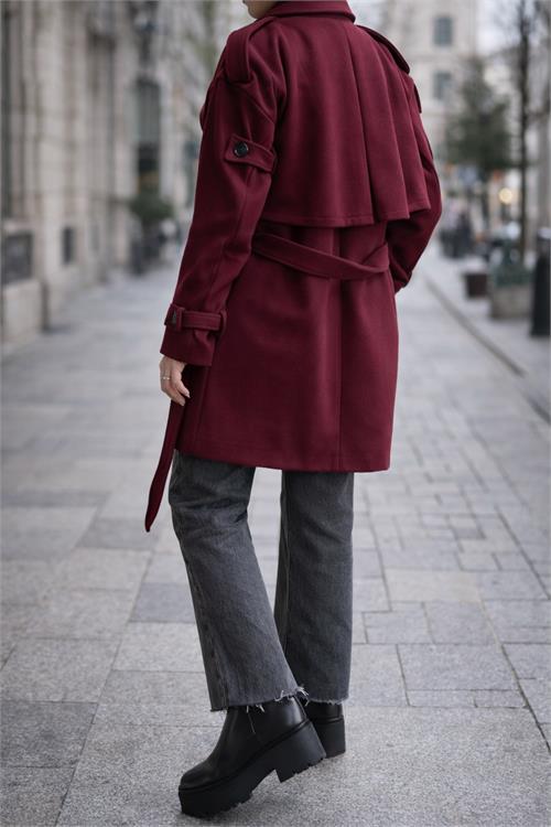 Kadın Kuşaklı Astarlı Oversize Kısa Kaban Cepli Apolet Detaylı HSZ039 