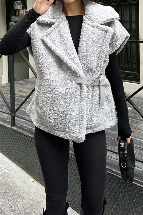 Kadın Gri Oversize Kemerli Peluş Yelek HSZ032 