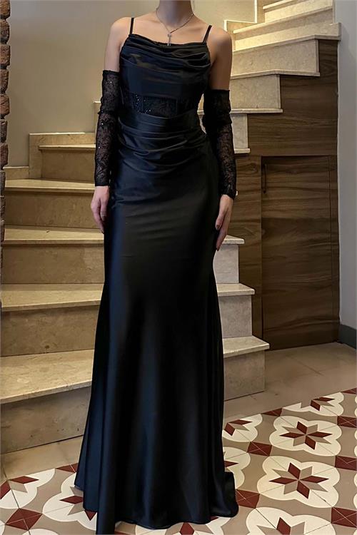 Kadın Siyah Saten Uzun Abiye Elbise Eldiven Detayli Astarlı HSZ043 