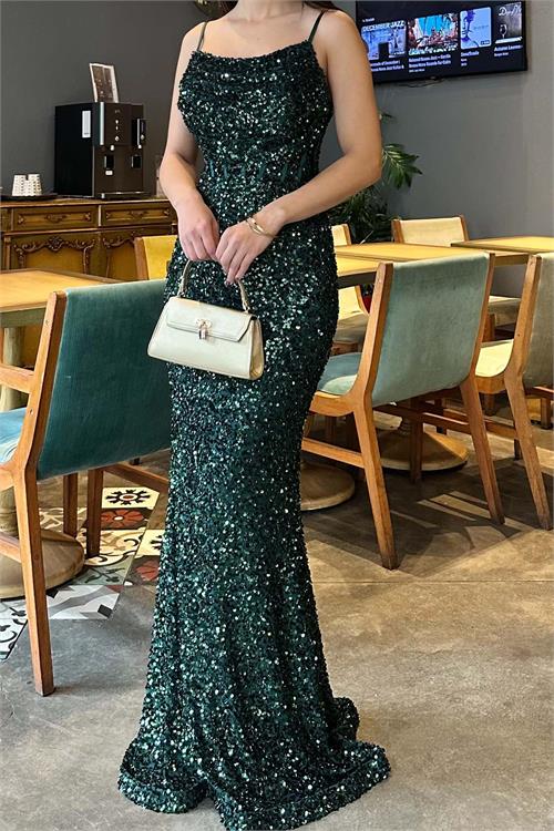 Kadın Zumrut Yesil Askılı Pul Payet Uzun Abiye Elbise Astarlı HSZ045 