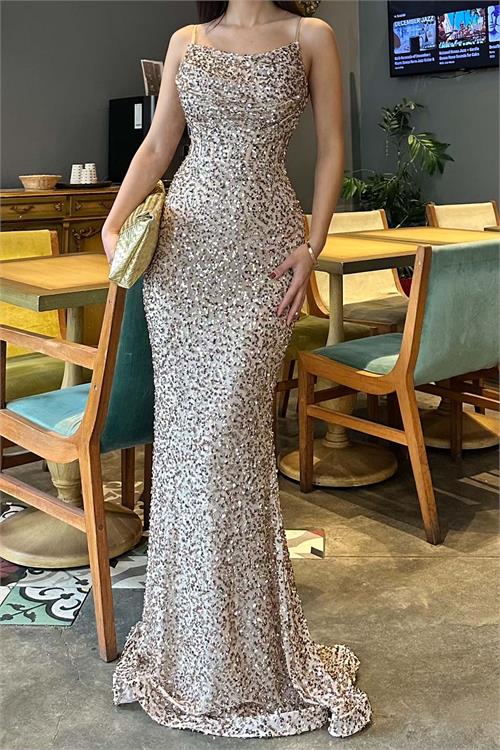 Kadın Gold Askılı Pul Payet Uzun Abiye Elbise Astarlı HSZ045 