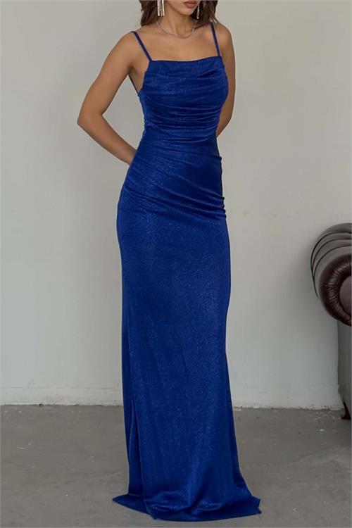 Kadin Saks Askili Simli Likralı Örme Uzun Abiye Elbise Astarlı HSZ049 