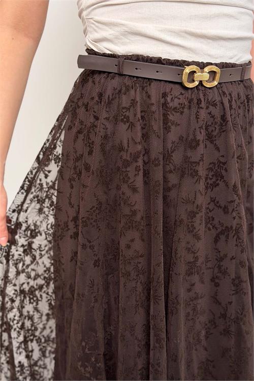 Kadın Kahverengi Kemer Aksesuarlı Tül Midi Etek Astarlı HSZ064 