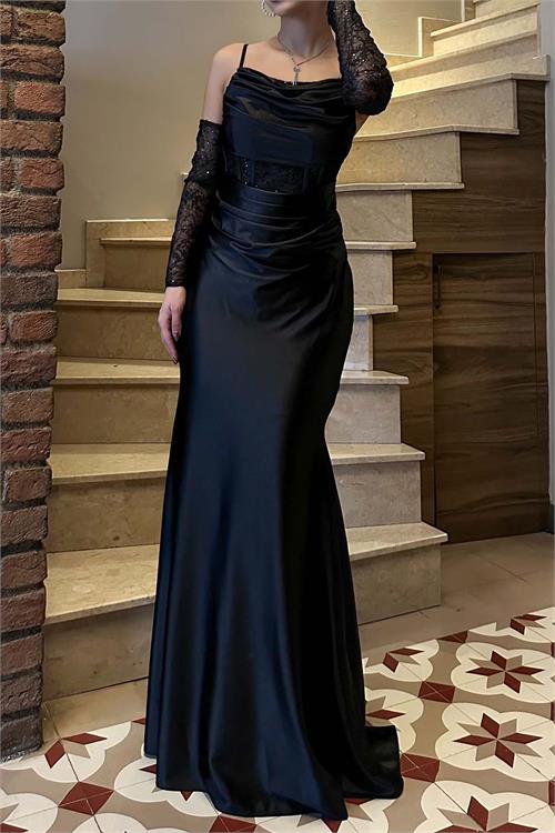 Kadın Siyah Saten Uzun Abiye Elbise Eldiven Detayli Astarlı HSZ043 