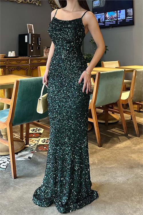 Kadın Zumrut Yesil Askılı Pul Payet Uzun Abiye Elbise Astarlı HSZ045 