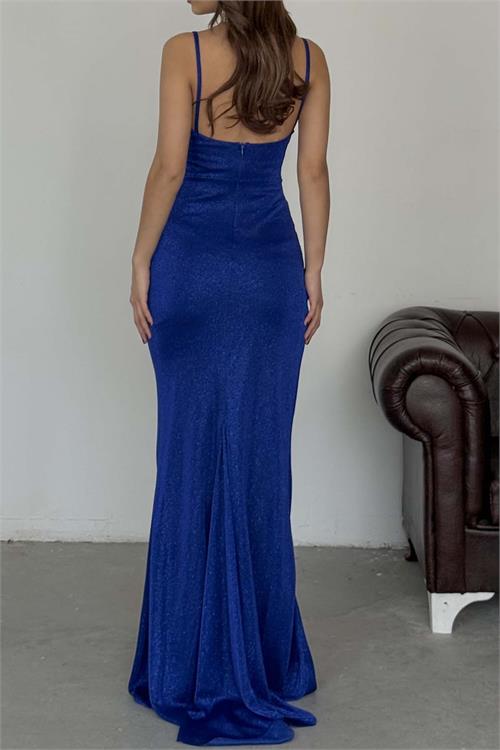 Kadin Saks Askili Simli Likralı Örme Uzun Abiye Elbise Astarlı HSZ049 