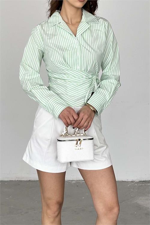Kadın Yeşil Çizgili Bağlama Detaylı Crop Gömlek – HSZ034 