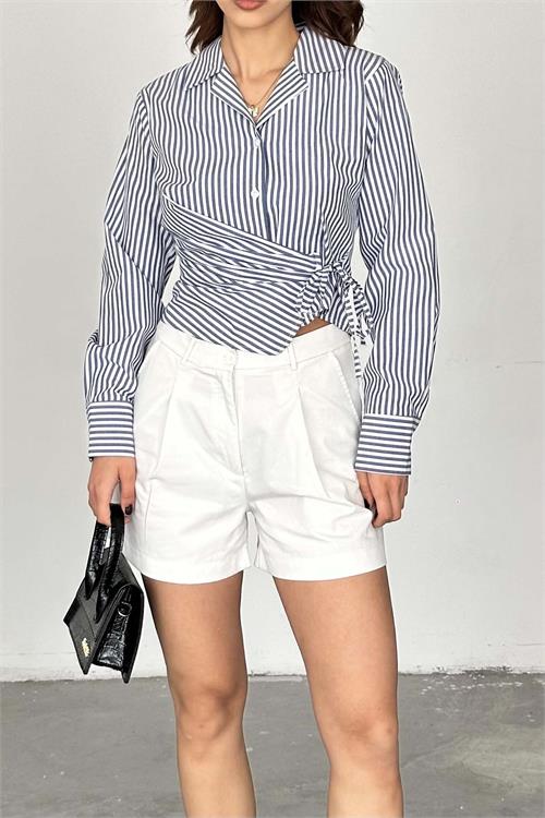 Kadın Lacivert Çizgili Bağlama Detaylı crop Gömlek – HSZ034 