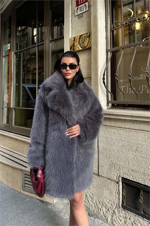 Kadın Antrasit Astarlı Düğmeli Oversize Kürk Kaban HSZ002 