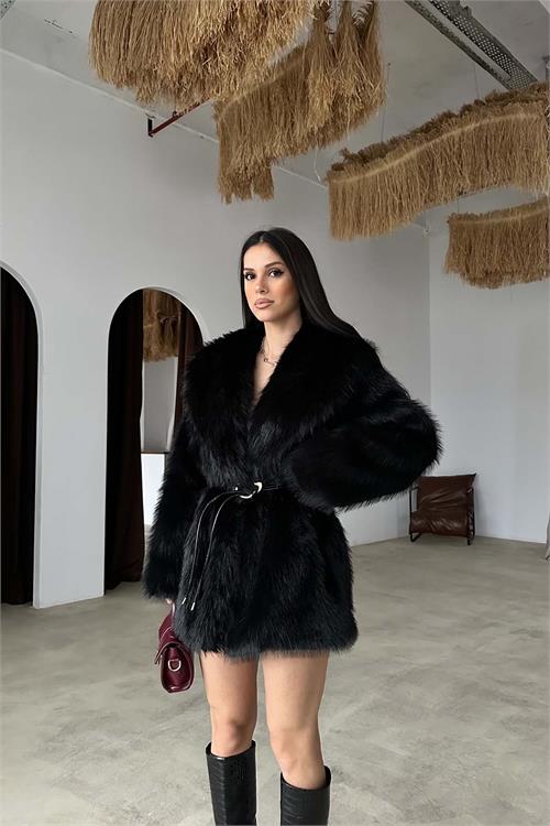 Kadin Oversize Siyah Cepli Astarlı Deri Biye Kemer Aksesuarlı Kürk Ceket HSZ023 