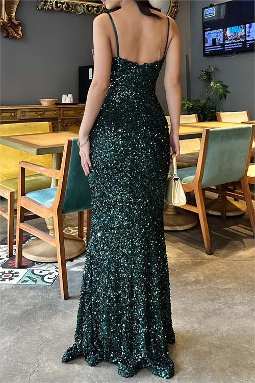 Kadın Zumrut Yesil Askılı Pul Payet Uzun Abiye Elbise Astarlı HSZ045 