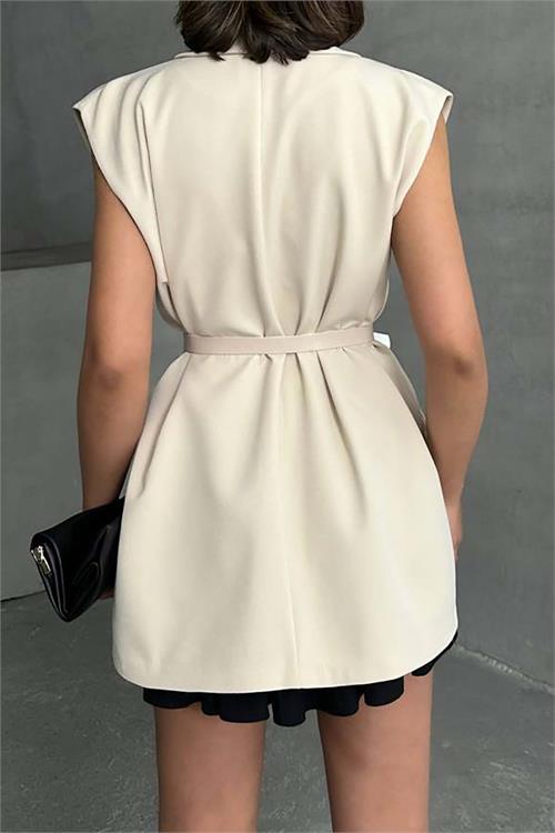 Kadın Bej Kemerli Kolsuz Blazer Yelek – Kruvaze Yaka, Cepli, Şık Tasarım HSZ019 