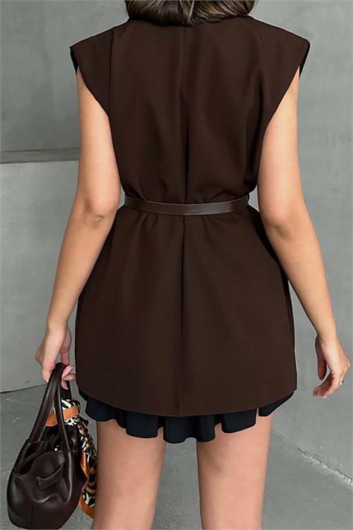 Kadın Kahve Kemerli Kolsuz Blazer Yelek – Kruvaze Yaka, Cepli, Şık Tasarım HSZ019 