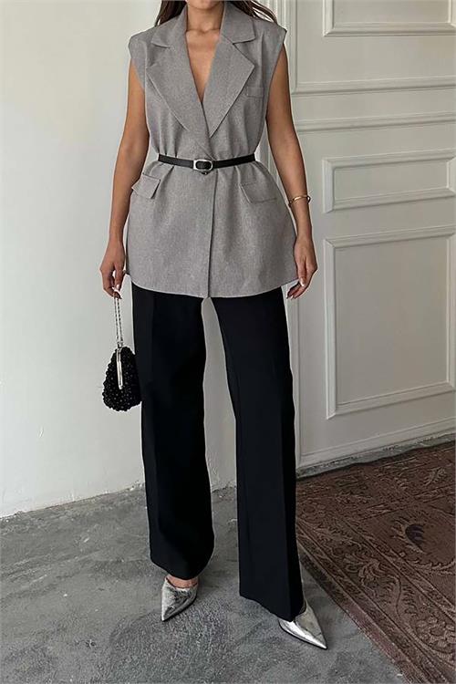 Kadın Gri Kemerli Kolsuz Blazer Yelek – Kruvaze Yaka, Cepli, Şık Tasarım HSZ019 