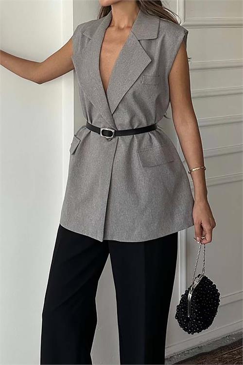 Kadın Gri Kemerli Kolsuz Blazer Yelek – Kruvaze Yaka, Cepli, Şık Tasarım HSZ019 