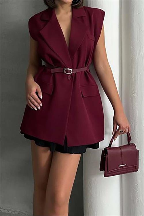 Kadın Bordo Kemerli Kolsuz Blazer Yelek – Kruvaze Yaka, Cepli, Şık Tasarım 