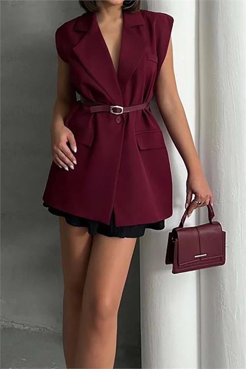 Kadın Bordo Kemerli Kolsuz Blazer Yelek – Kruvaze Yaka, Cepli, Şık Tasarım 