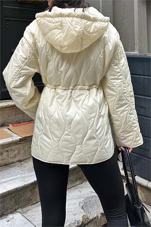 Kadın Ekru Kapitone Kapüşonlu Beli Bağcıklı şişme Mont HSZ024 