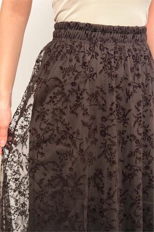 Kadın Kahverengi Tül Midi Etek Astarlı Beli Lastikli Şık Etek HSZ063 