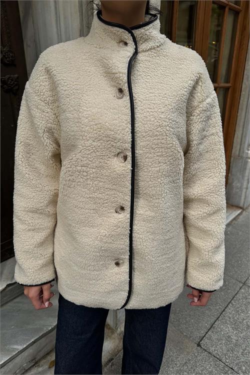 Kadın Bej Peluş Oversize Düğmeli Ceket HSZ026 