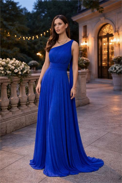 Kadın Saks Tek Omuz Simli Piliseli Tül Uzun Abiye Elbise Astarlı HSZ046 