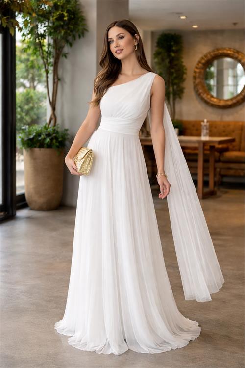 Kadın Beyaz Tek Omuz Simli Piliseli Tül Uzun Abiye Elbise Astarlı HSZ046 