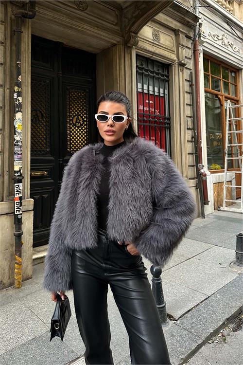 Kadın Antrasit Krop Astarlı Kürk Mont HSZ008 