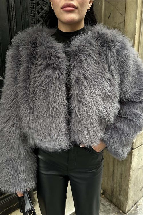 Kadın Antrasit Krop Astarlı Kürk Mont HSZ008 