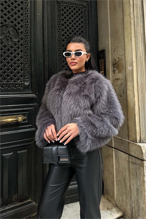 Kadın Antrasit Krop Astarlı Kürk Mont HSZ008 