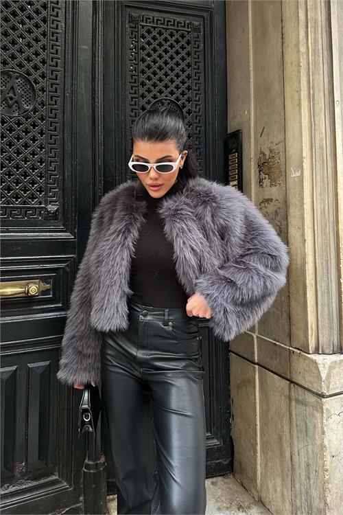 Kadın Antrasit Krop Astarlı Kürk Mont HSZ008 