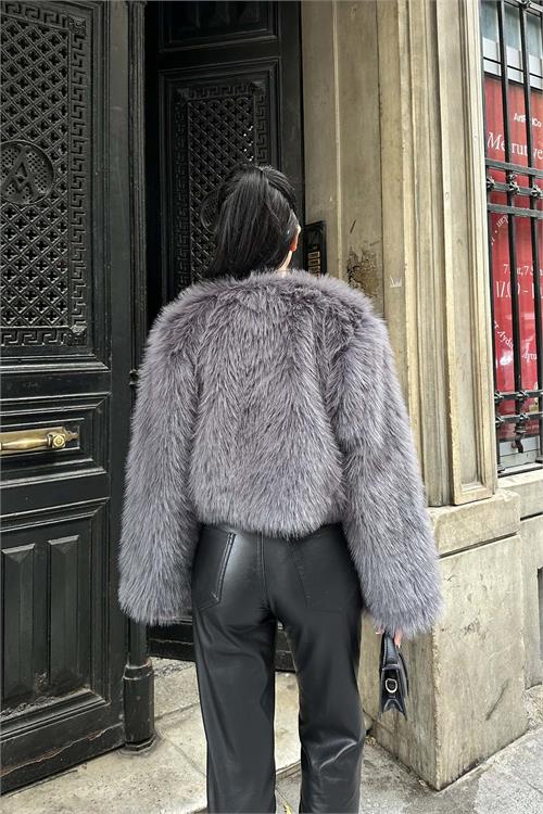 Kadın Antrasit Krop Astarlı Kürk Mont HSZ008 