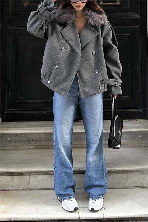 Kadın Antrasit Kürk Yaka Detaylı Oversize Mont Cepli HSZ021 