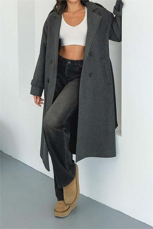 Kadın Antrasit Kuşaklı Kruvaze Yaka Uzun Kaşe Kaban HSZ001 