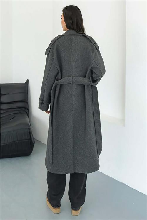 Kadın Antrasit Kuşaklı Kruvaze Yaka Uzun Kaşe Kaban HSZ001 