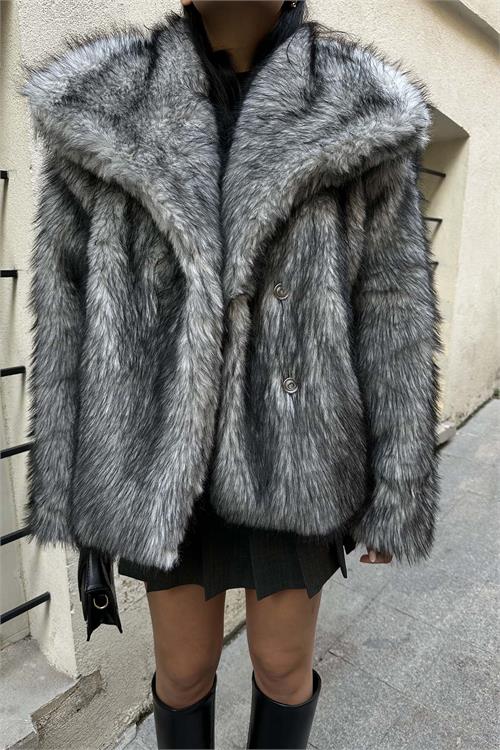 Kadın Astarlı Çıtçıtlı Cepli Kürk Açık Gri Kaban HSZ006 