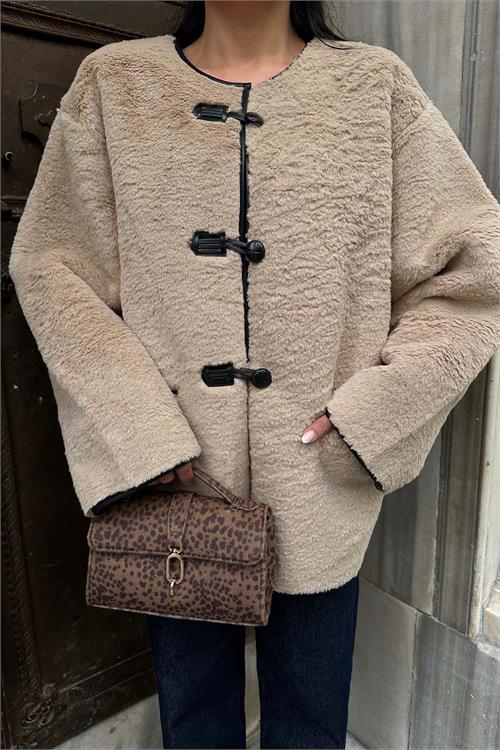 Kadın Bej Peluş Deri Detaylı Kadamalı Ceket HSZ025 
