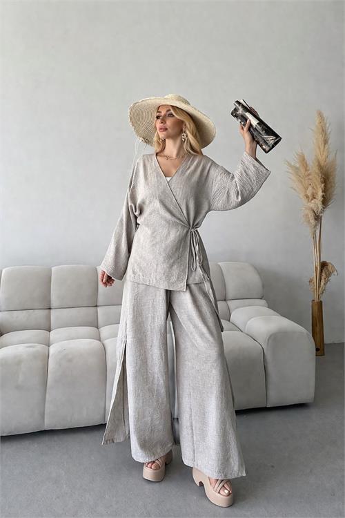 Kadın Bej Keten Kumaş Pantolonlu İkili Takım HSZ053 