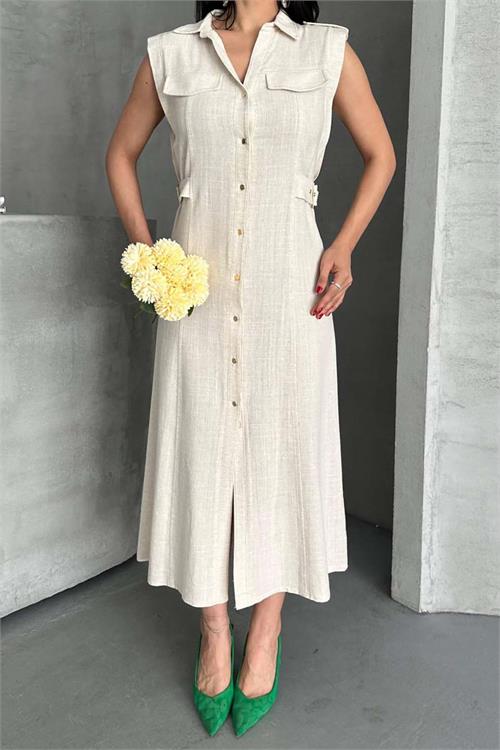 Kadın Bej Keten Kumaş Apoletli Düğmeli Midi Elbise HSZ051 