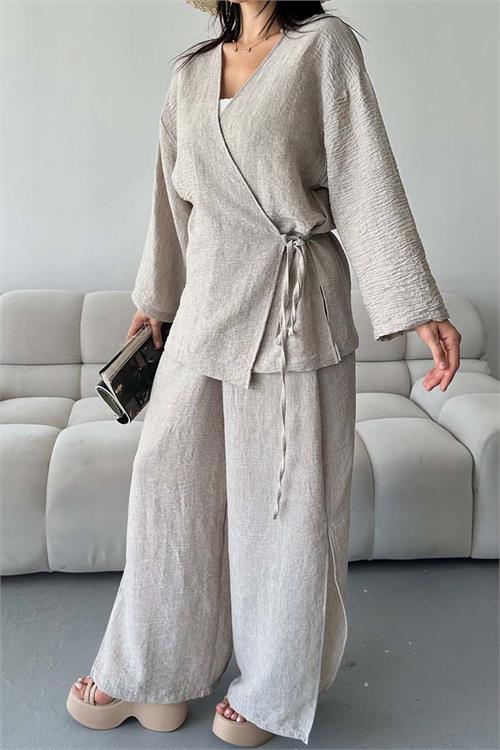 Kadın Bej Keten Kumaş Pantolonlu İkili Takım HSZ053 