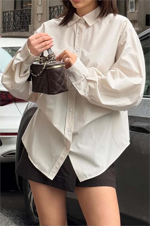 Kadın Bej Oversize Gömlek Düğmeli Uzun Kollu Şık Kesim HSZ059 