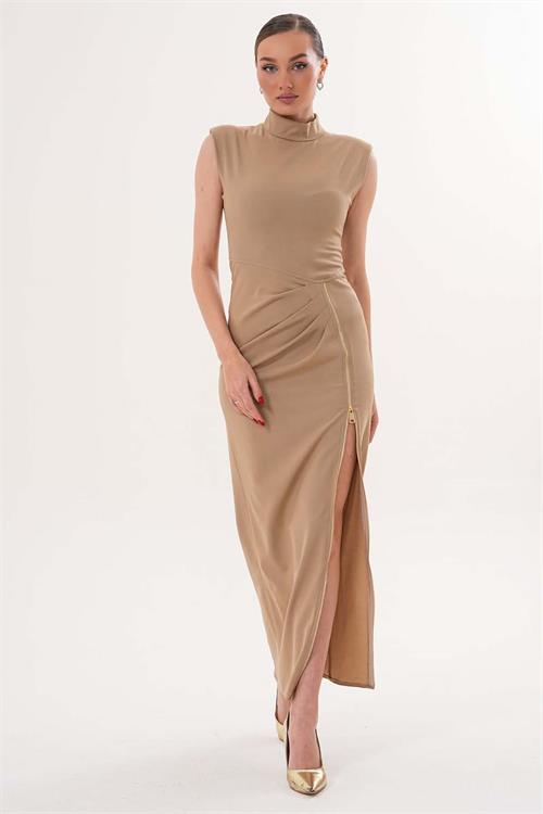 Kadın Bej Poli Viskon Kumaş Fermuar Detaylı Yırtmaçlı Dik Yaka Uzun Elbise HSZ071 
