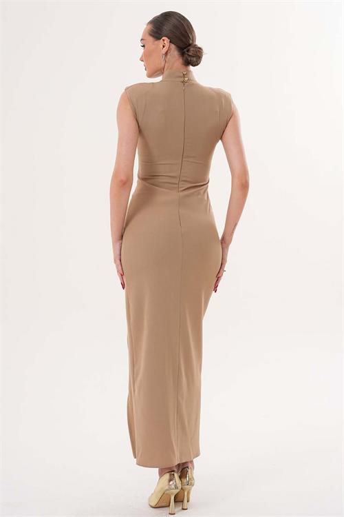Kadın Bej Poli Viskon Kumaş Fermuar Detaylı Yırtmaçlı Dik Yaka Uzun Elbise HSZ071 