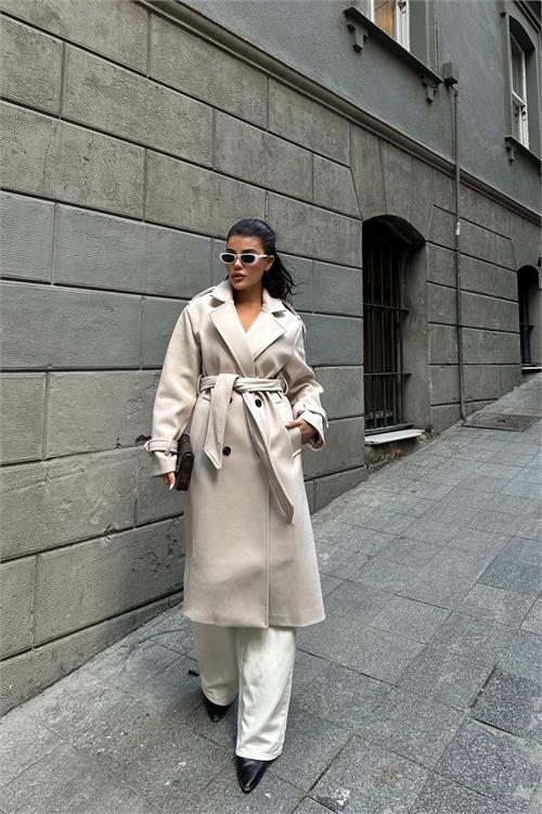 Kadın Bej Kuşaklı Kruvaze Yaka Uzun Kaşe Kaban HSZ001 