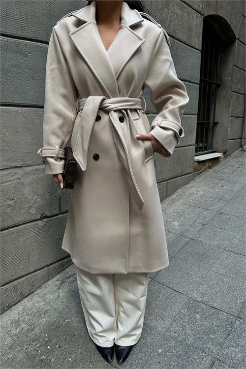 Kadın Bej Kuşaklı Kruvaze Yaka Uzun Kaşe Kaban HSZ001 