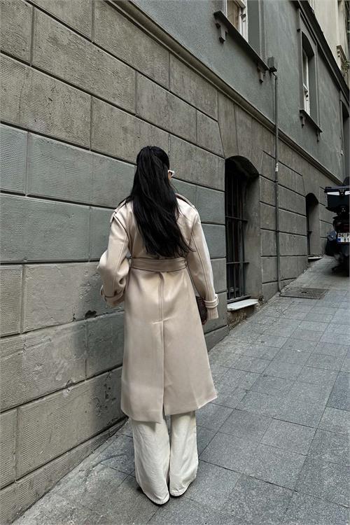 Kadın Bej Kuşaklı Kruvaze Yaka Uzun Kaşe Kaban HSZ001 