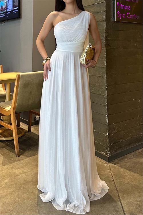 Kadın Beyaz Tek Omuz Simli Piliseli Tül Uzun Abiye Elbise Astarlı HSZ046 