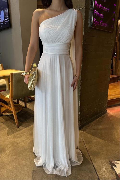 Kadın Beyaz Tek Omuz Simli Piliseli Tül Uzun Abiye Elbise Astarlı HSZ046 